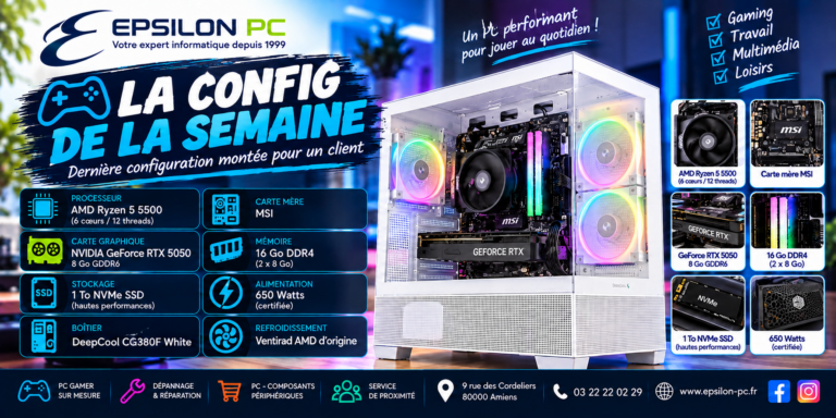 La config de la semaine Epsilon PC : DeepCool CG380F White, AMD Ryzen 5 5500, GeForce RTX 5050 8 Go, 16 Go DDR4, SSD NVMe 1 To, alimentation 650 W